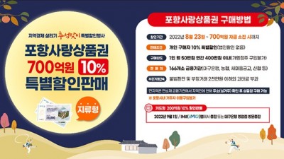 [경북 포항] 추석맞이 포항사랑상품권 700억원 10% 특별할인판매